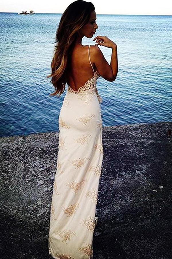 Sexy Spaghetti Straps Floor Length Backless Side Slit Appliques Classy Prom Dress Secondary image
