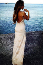 Sexy Spaghetti Straps Floor Length Backless Side Slit Appliques Classy Prom Dress