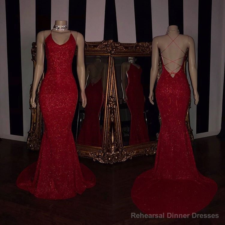Sexy Spaghetti Straps Red Mermaid Prom Dress Sequins Chiffon Long Secondary image