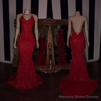 Sexy Spaghetti Straps Red Mermaid Prom Dress Sequins Chiffon Long
