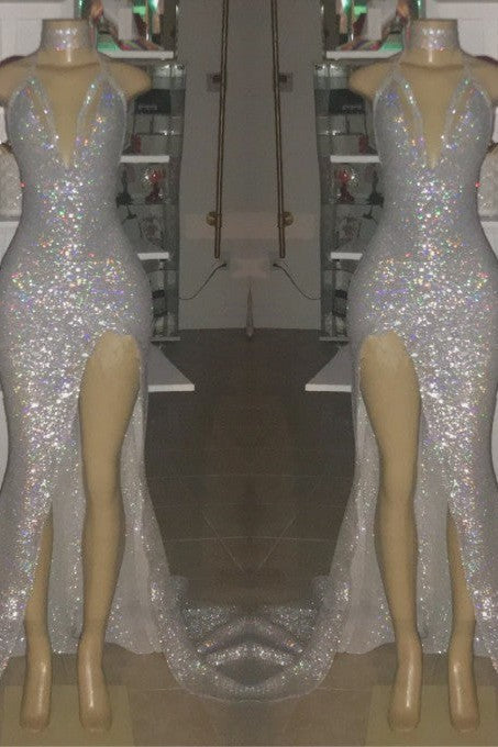 Sexy Spaghetti Straps Silvery Mermaid Prom Dress Sequins Chiffon Long With Split