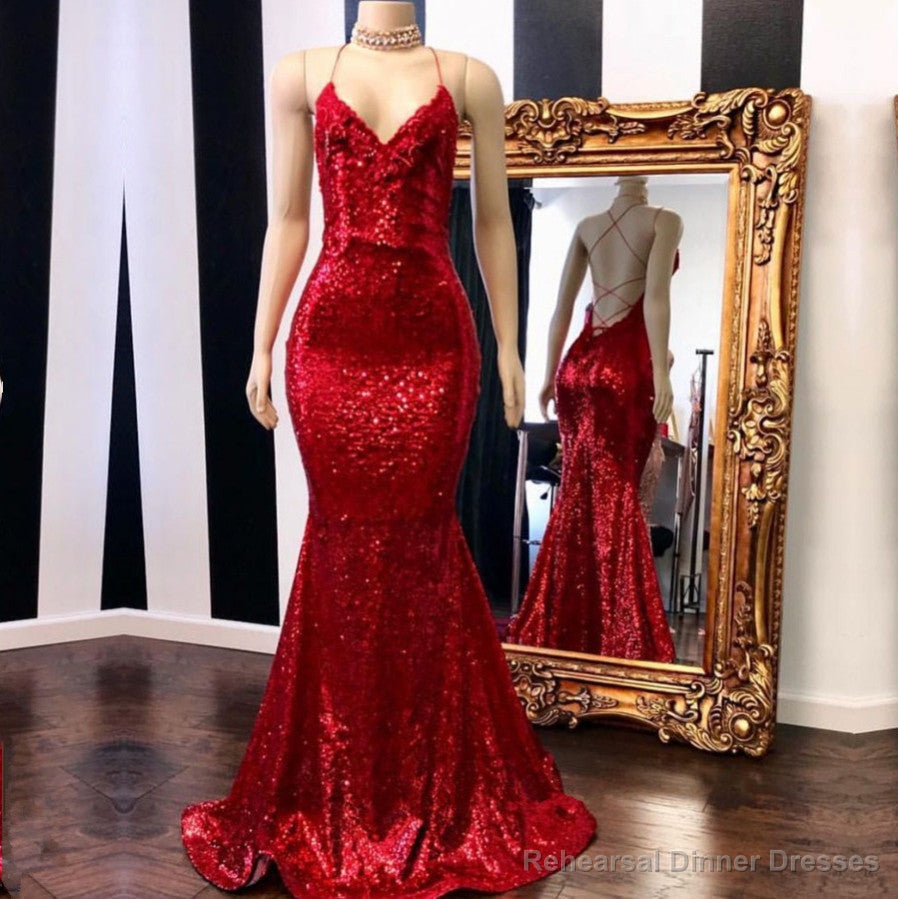 Sexy Spaghetti Straps V-Neck Mermaid Prom Dress Sequins Red Long