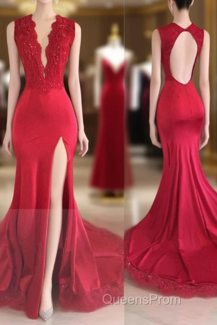 Sexy Split Backless V-Neck Lace Red Evening Prom Dress Main image