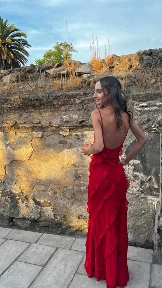 Red Backless Long Classy Prom Dress With Ruffle