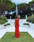 Red Backless Long Classy Prom Dress With Ruffle