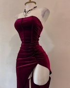 Sexy Strapless Slit Party Dress Burgundy Birthday Dress