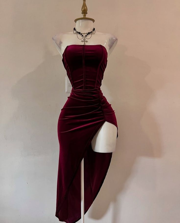 Sexy Strapless Slit Party Dress Burgundy Birthday Dress Main image