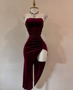 Sexy Strapless Slit Party Dress Burgundy Birthday Dress