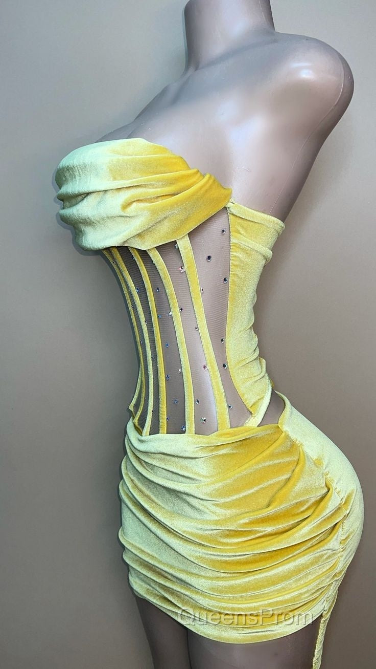 Sexy Strapless Yellow Velvet Evening Prom Dress ,Charming Homecoming Dress Secondary image