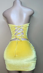Sexy Strapless Yellow Velvet Evening Prom Dress ,Charming Homecoming Dress