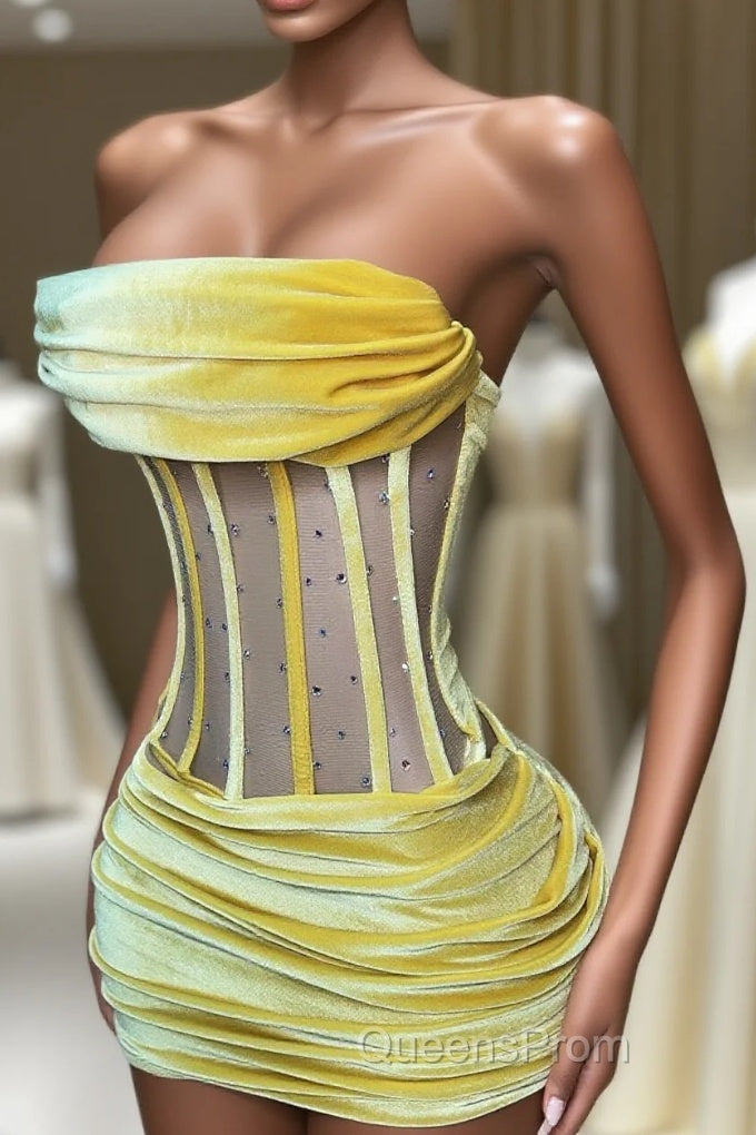 Sexy Strapless Yellow Velvet Evening Prom Dress ,Charming Homecoming Dress Main image