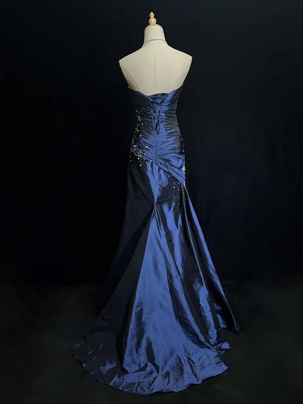 Sexy Sweetheart Sleeveless Mermaid Satin Long Navy Blue Classy Prom Dress