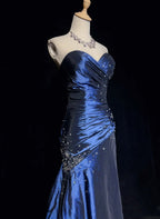Sexy Sweetheart Sleeveless Mermaid Satin Long Navy Blue Classy Prom Dress