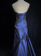 Sexy Sweetheart Sleeveless Mermaid Satin Long Navy Blue Classy Prom Dress
