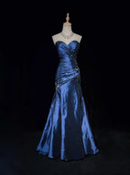 Sexy Sweetheart Sleeveless Mermaid Satin Long Navy Blue Classy Prom Dress