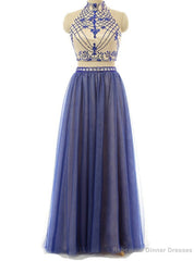 Sexy Two Piece Prom/Evening Dress Royal Blue Tulle Floor-Length Backless Beaded Party Dress