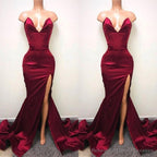 Sexy V-neck Chiffon Mermaid Prom Dress Long With Split Burgundy