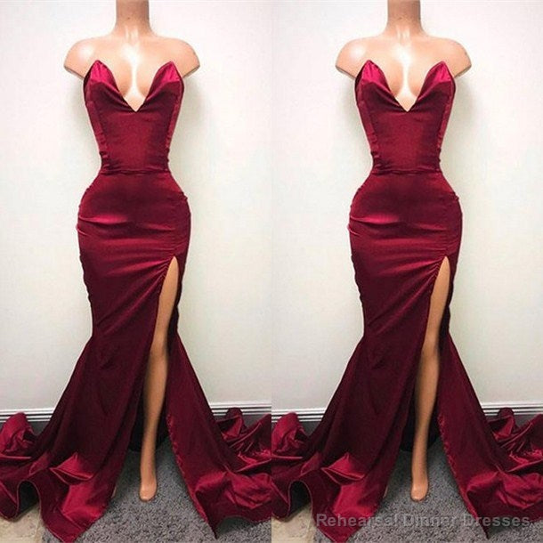 Sexy V-neck Chiffon Mermaid Prom Dress Long With Split Burgundy