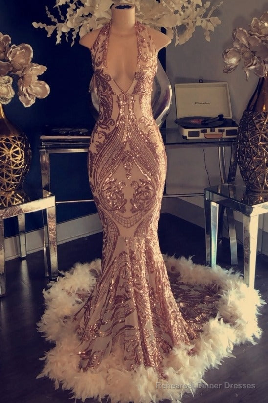 Sexy V-neck Halter Mermaid Prom Dress Gold Sequins Long Backless Main image
