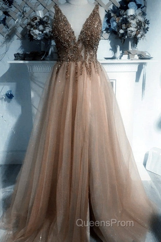 Sexy V Neck Split Tulle Long Beaded Dress Secondary image