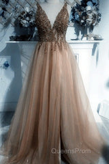 Sexy V Neck Split Tulle Long Beaded Dress
