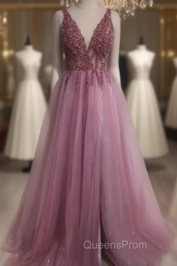 Sexy V Neck Split Tulle Long Beaded Dress Main image