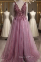 Sexy V Neck Split Tulle Long Beaded Dress