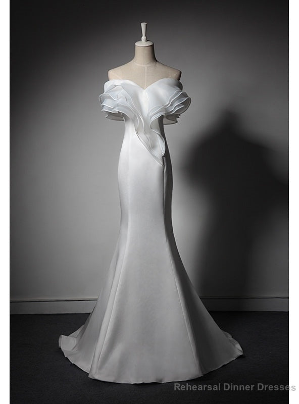 Sexy White Mermaid Satin Off the Shoulder Wedding Dress Main image