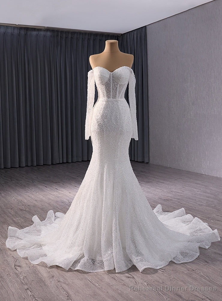 Sexy White Mermaid Sequins Long Sleeve Wedding Dress Main image