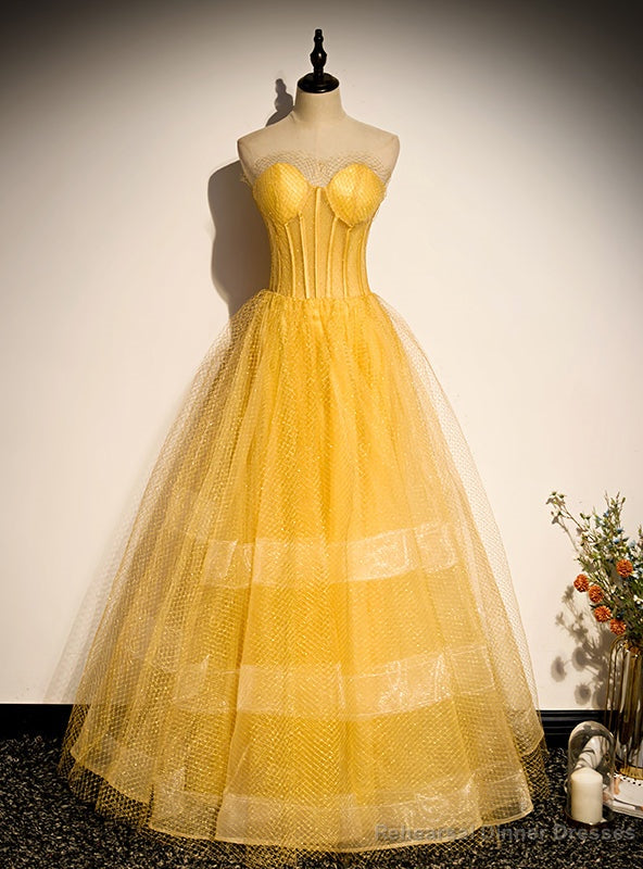Sexy Yellow Tulle Strapless Prom Dress Main image