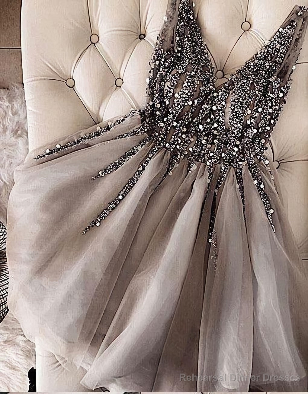 Luxurious Sequins Beaded V Neck Tulle Short V Back Gray Prom Dress, Homecoming Dress Main image