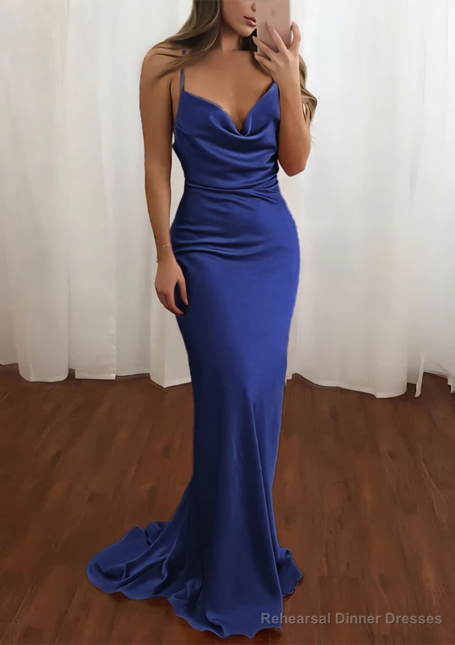 Sheath/Column Cowl Neck Spaghetti Straps Sweep Train Satin Prom Dresses Secondary image