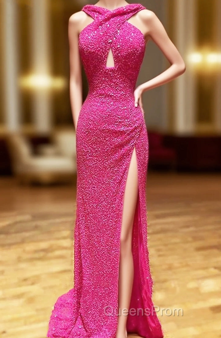Sheath/Column Halter Sleeveless Court Train Velvet Sequins Evening Prom Dress With Split Main image