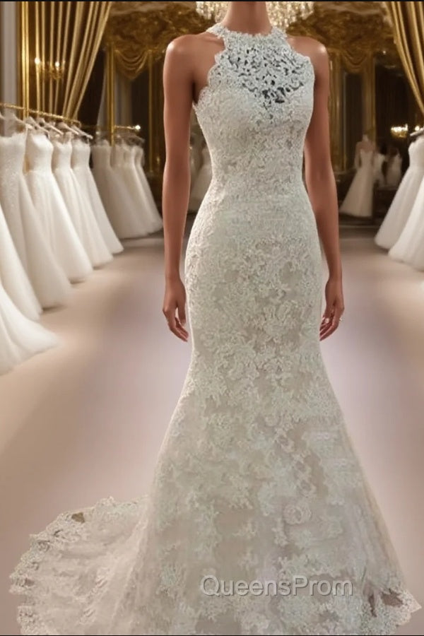Sheath/Column Halter Sweep Train Lace Wedding Dress Main image