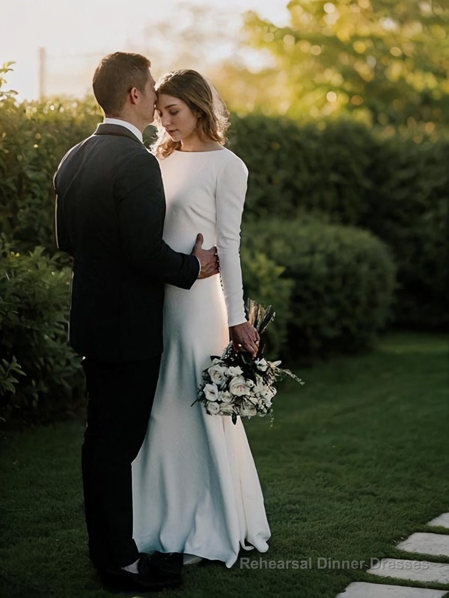 Sheath/Column Jewel Sweep Train Stretch Crepe Wedding Dresses Main image