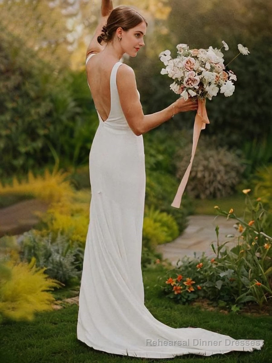 Sheath/Column Jewel Sweep Train Stretch Crepe Wedding Dresses Secondary image
