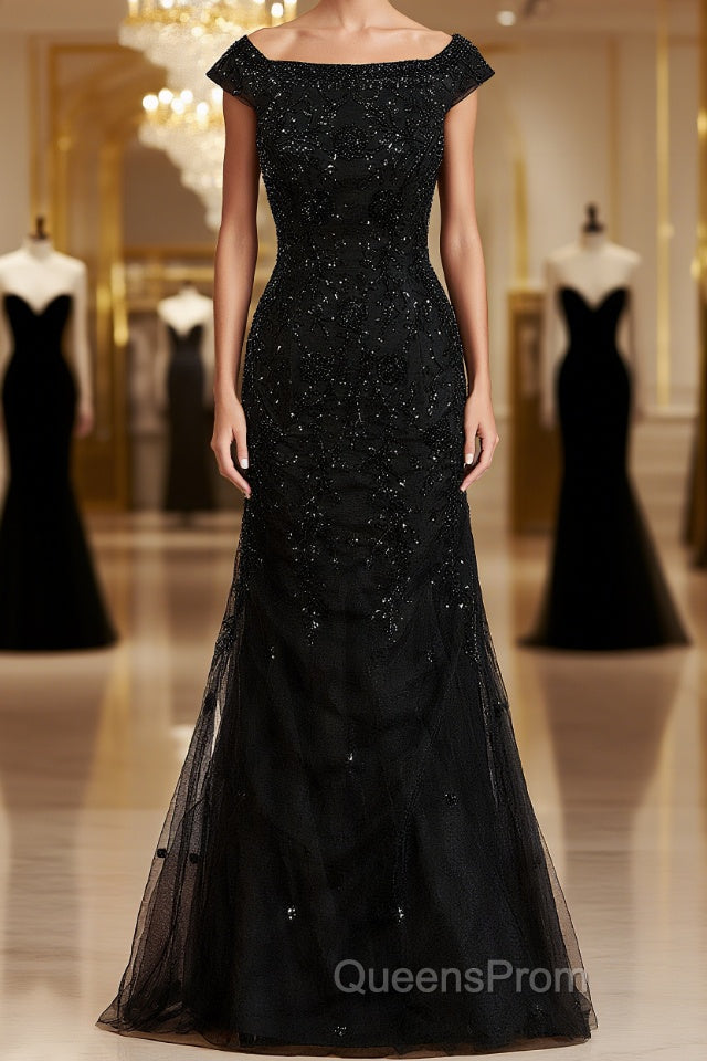 Sheath/Column Off-the-Shoulder Floor-Length Tulle Mother of the Bride Dress With Beading Main image
