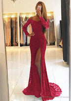 Sheath/Column Off-the-Shoulder Full/Long Sleeve Sweep Train Lace Dresses With Split