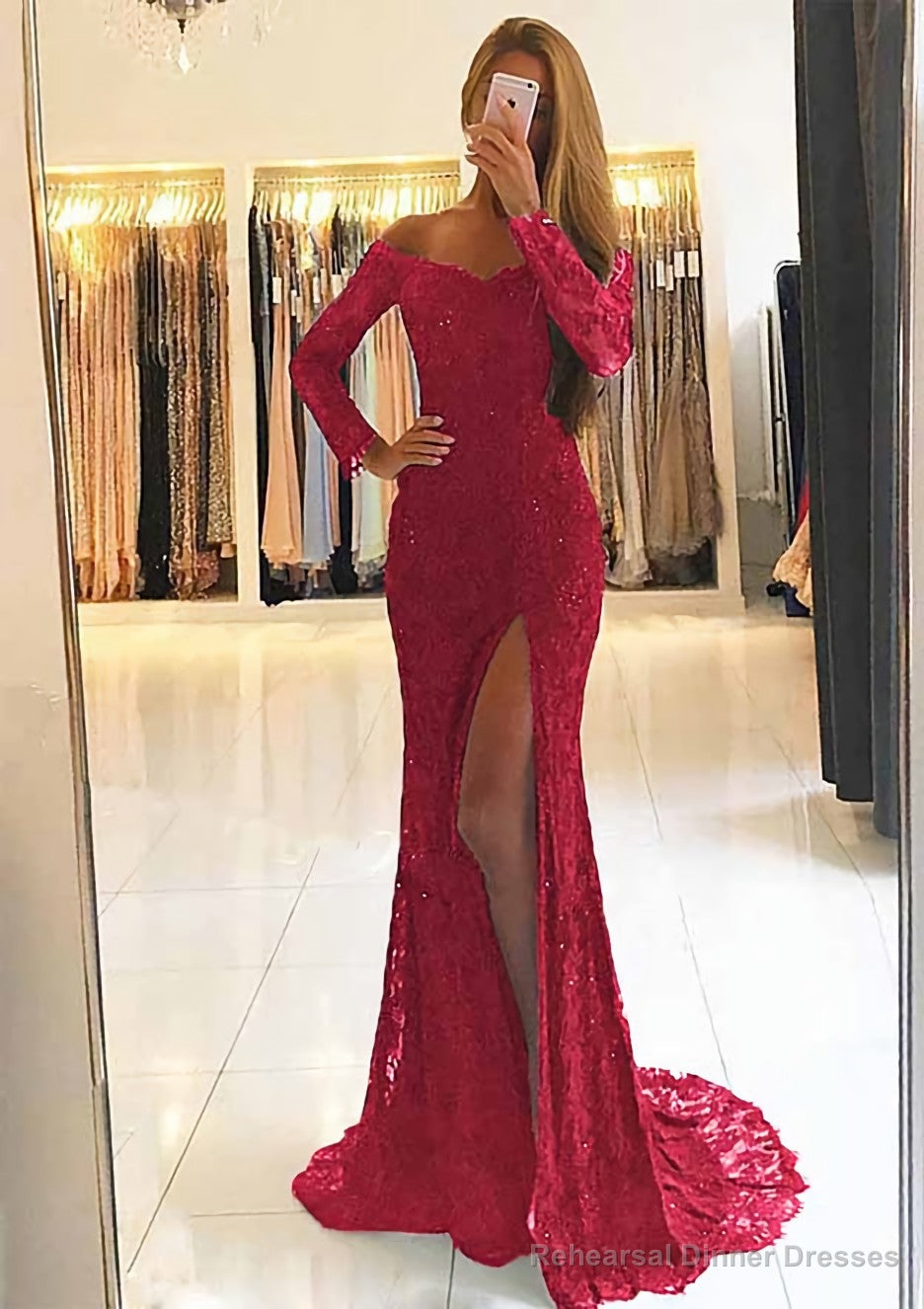 Sheath/Column Off-the-Shoulder Full/Long Sleeve Sweep Train Lace Dresses With Split