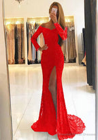 Sheath/Column Off-the-Shoulder Full/Long Sleeve Sweep Train Lace Dresses With Split