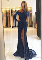 Sheath/Column Off-the-Shoulder Full/Long Sleeve Sweep Train Lace Dresses With Split