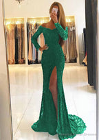 Sheath/Column Off-the-Shoulder Full/Long Sleeve Sweep Train Lace Dresses With Split