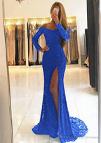 Sheath/Column Off-the-Shoulder Full/Long Sleeve Sweep Train Lace Dresses With Split