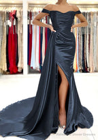 Sheath/Column Off-the-Shoulder Short Sleeve Charmeuse Court Train Prom Dresses With Pleated