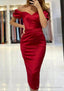 Sheath/Column Off-the-Shoulder Short Sleeve Tea-Length Satin Prom Dresses With Pleated