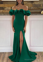 Sheath/Column Off-the-Shoulder Sleeveless Sweep Train Satin Prom Dresses With Ruffles Split