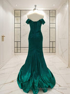 Sheath/Column Off-the-Shoulder Sweep Train Elastic Woven Satin Prom Dresses With Leg Slit
