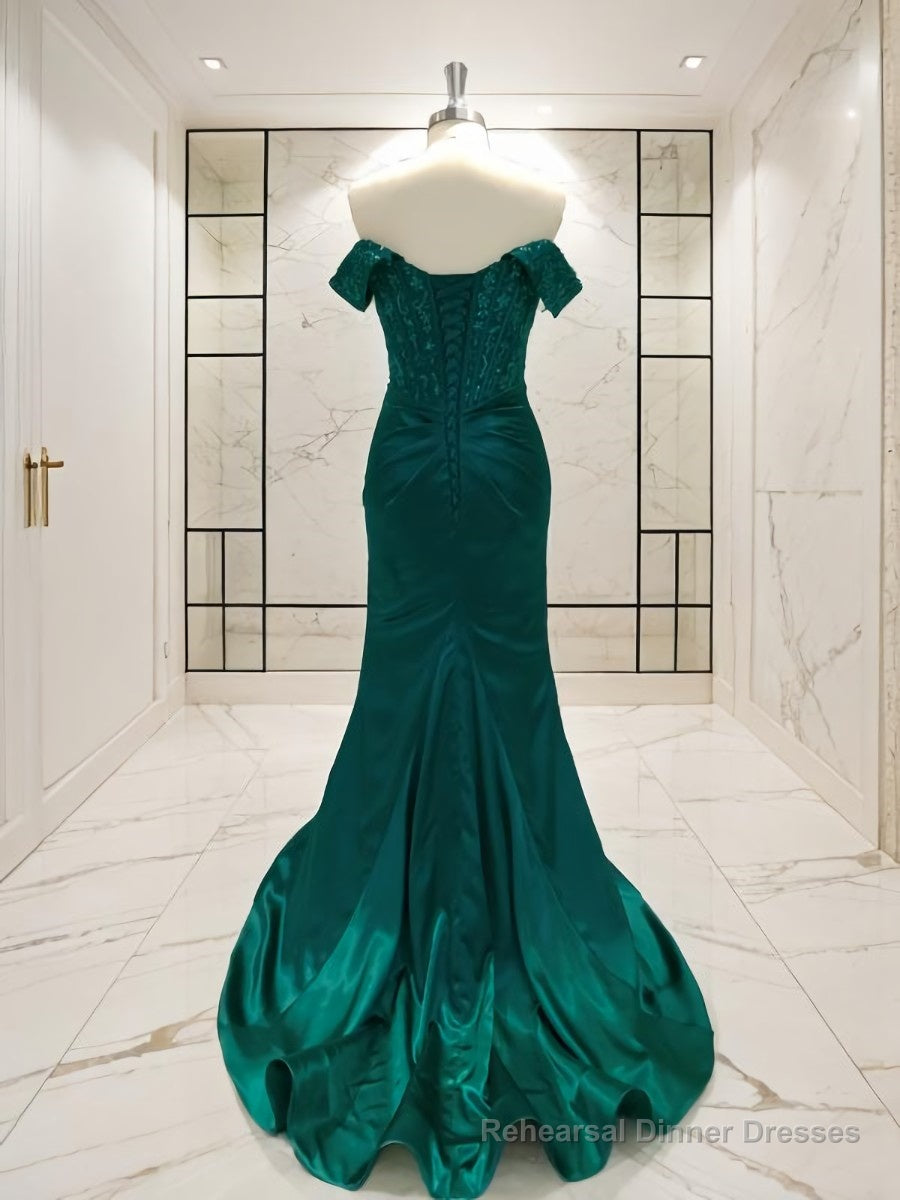 Sheath/Column Off-the-Shoulder Sweep Train Elastic Woven Satin Prom Dresses With Leg Slit