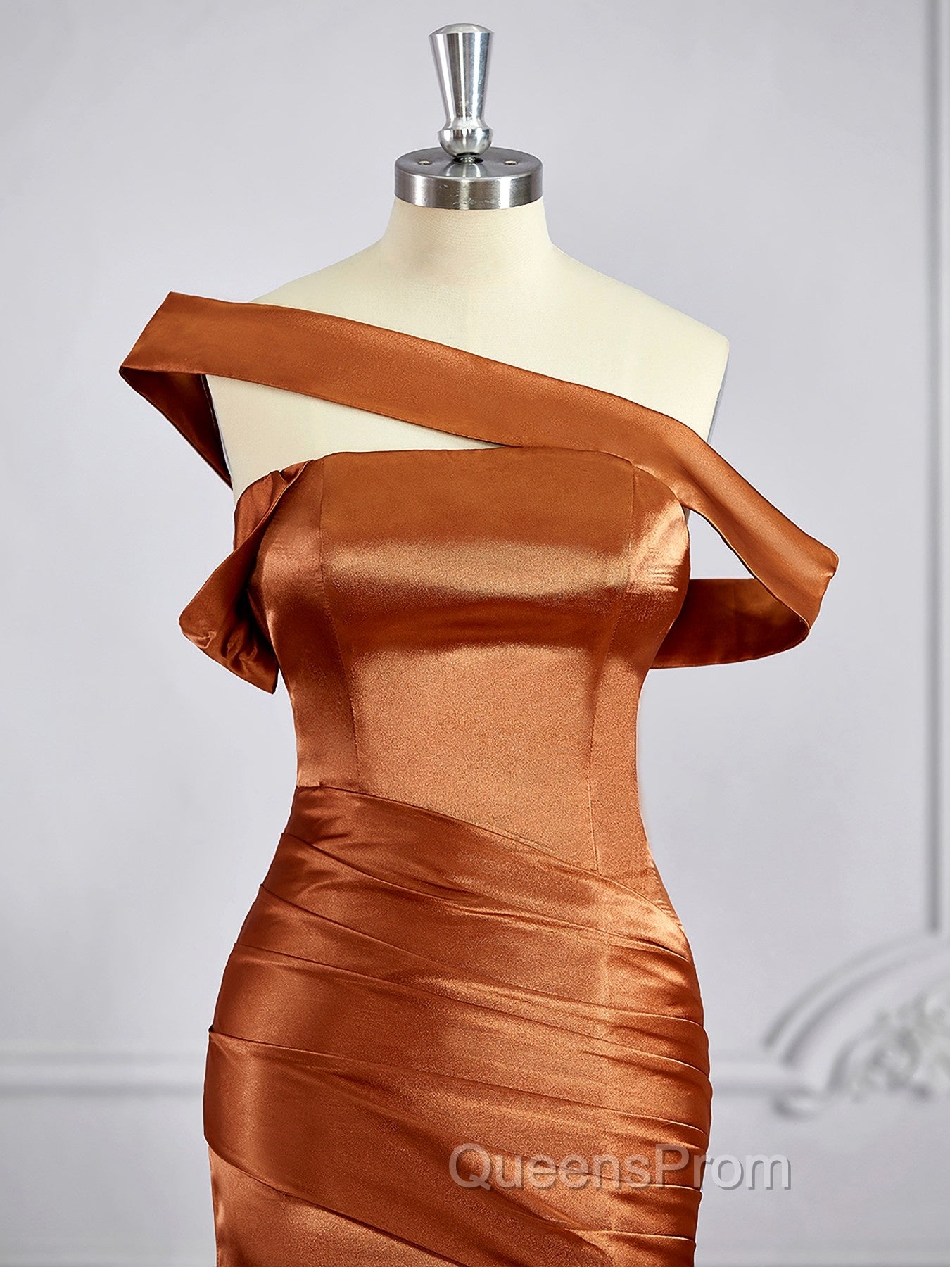 Sheath/Column Off-the-Shoulder Sweep Train Silk like Satin Bridesmaid Dress with Leg Slit