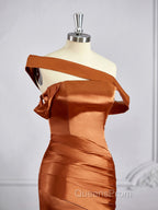 Sheath/Column Off-the-Shoulder Sweep Train Silk like Satin Bridesmaid Dress with Leg Slit
